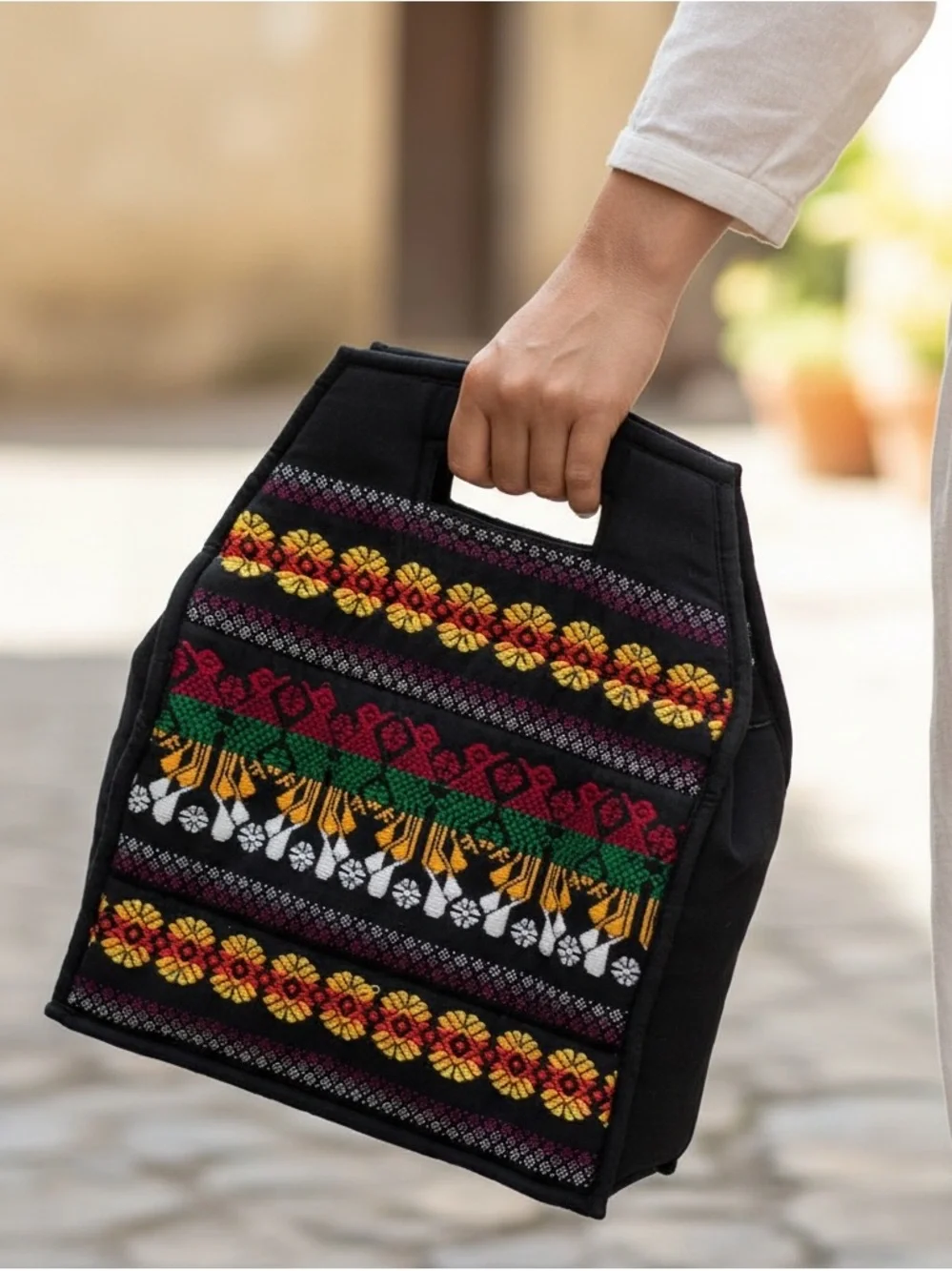 Women’s Black Embroidered Woven Handbag Ethnic Boho Top Handle Purse Zip Closur